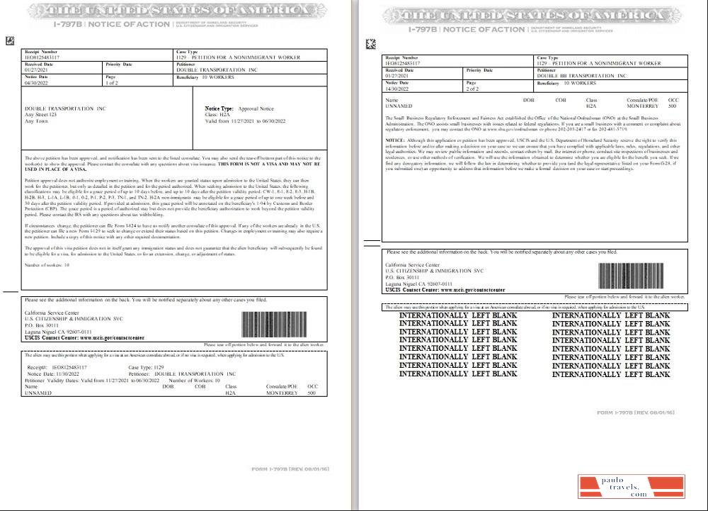 USA Form I 797B, Notice of Action template in Word and PDF format (2 pages)